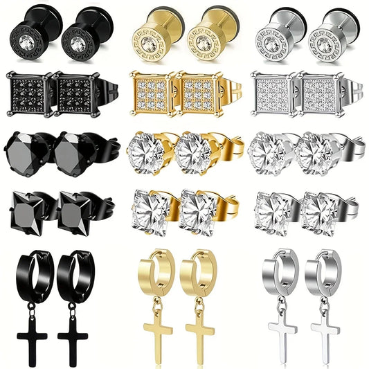 15 Pairs Stainless Steel Cross Dangle & Stud Earrings Collection